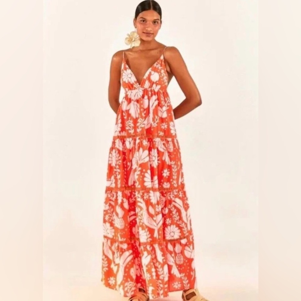 Farm Rio Neon Orange Jungle Tiered Maxi Dress
